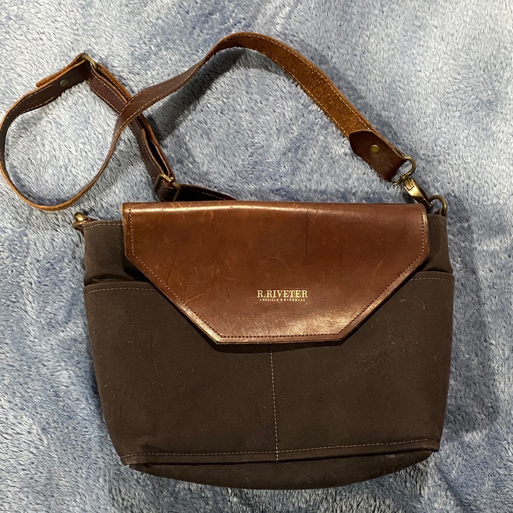 Womens R. Riveter Brown Leather and Black Canvas Crossbody Bag